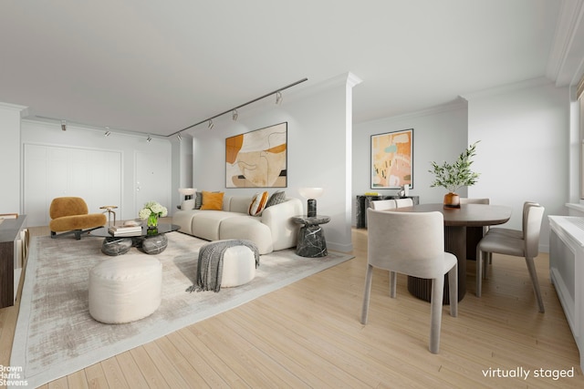 living area with light wood-style floors, ornamental molding, and track lighting