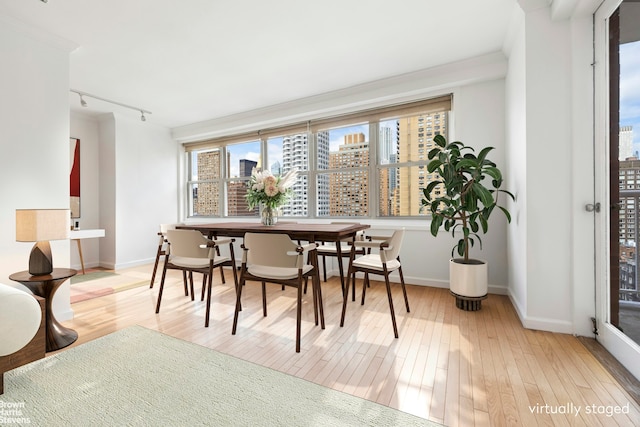 dining area featuring a view of city, baseboards, light wood-style flooring, and track lighting