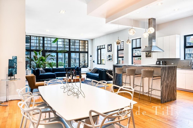 dining space featuring sink and light hardwood / wood-style floors