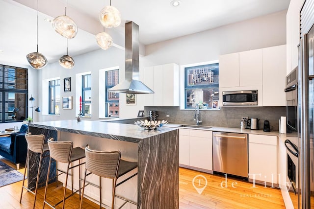 kitchen with sink, appliances with stainless steel finishes, island exhaust hood, and white cabinetry