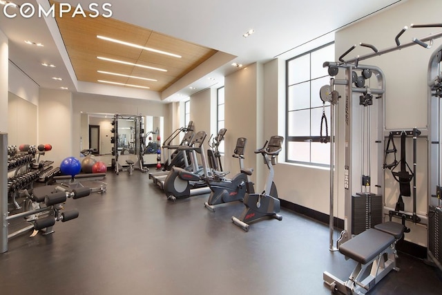 workout area featuring a wealth of natural light and a tray ceiling