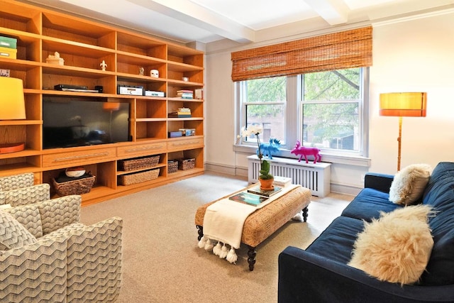 living room featuring baseboards, light colored carpet, beamed ceiling, and radiator heating unit