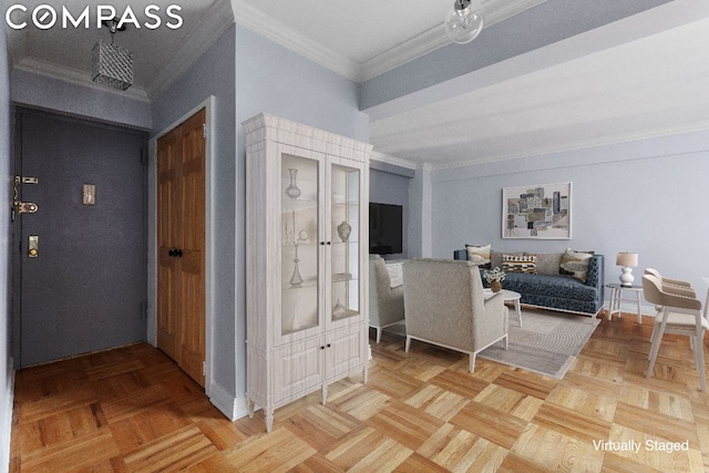 hall with parquet floors and crown molding