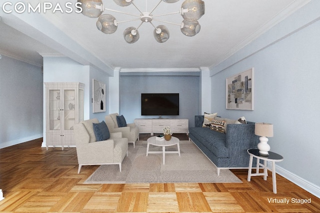 living room with crown molding and parquet flooring