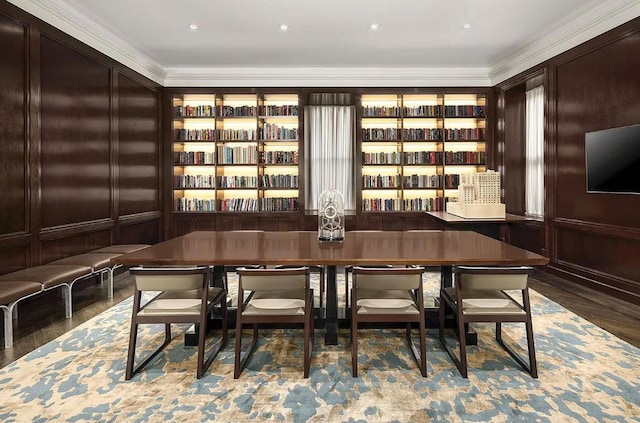 bar featuring ornamental molding and hardwood / wood-style floors