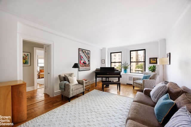 living room with parquet flooring