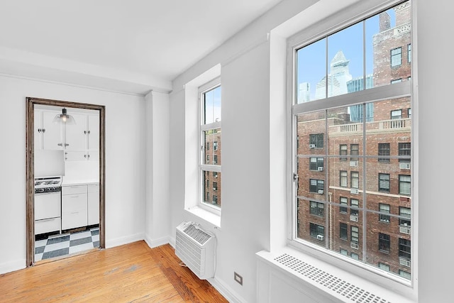 doorway to outside with light wood-type flooring, a wall mounted air conditioner, a city view, and baseboards