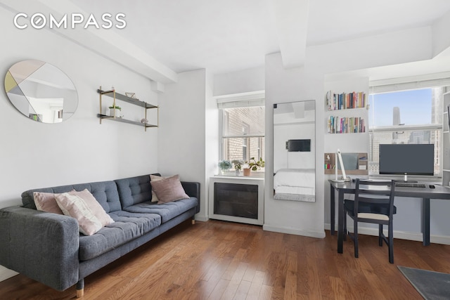 living area featuring a wealth of natural light, baseboards, and hardwood / wood-style flooring