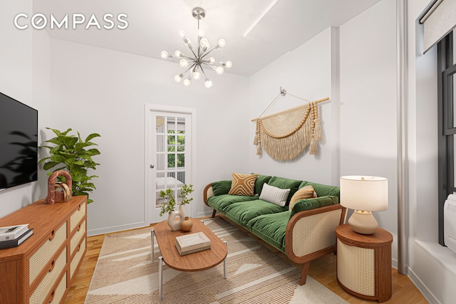 28 Perry St Unit 4E, New York City, NY 10014 - living room featuring a chandelier, light wood finished floors, and baseboards
