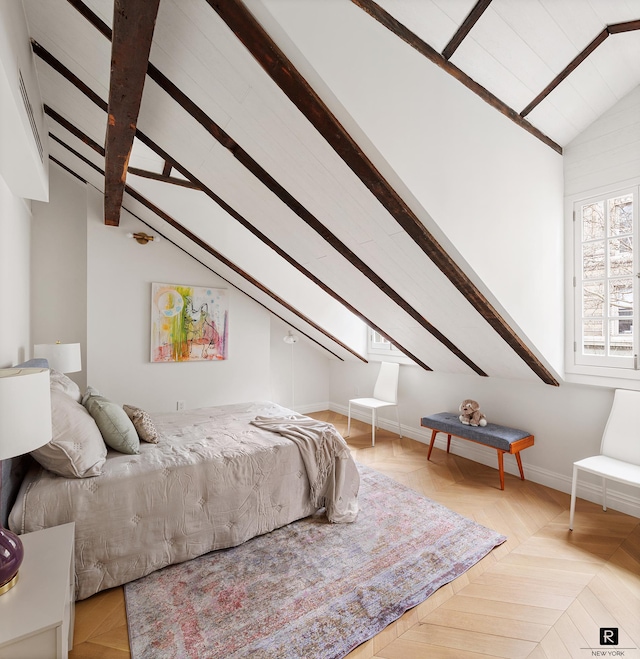 bedroom with lofted ceiling with beams and baseboards