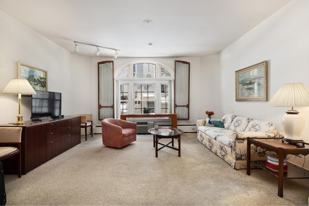 carpeted living room featuring rail lighting