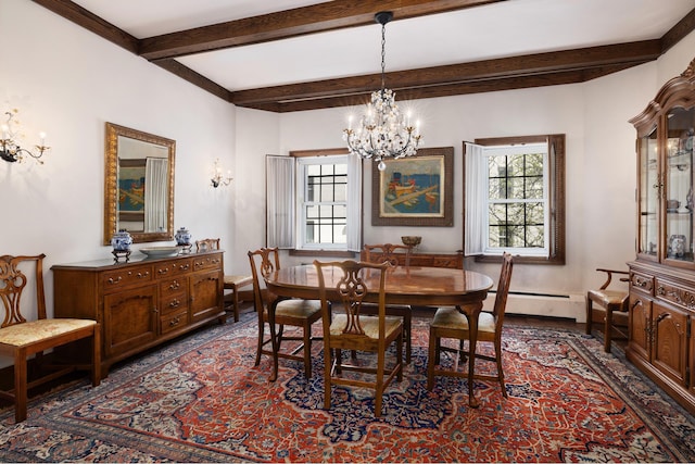 dining space with a baseboard radiator, beam ceiling, baseboards, and a notable chandelier