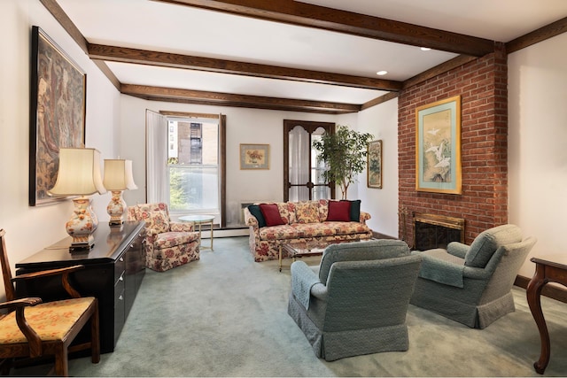 carpeted living area featuring a fireplace, a baseboard heating unit, and beamed ceiling