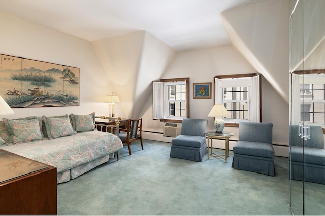 living area with lofted ceiling, baseboard heating, and carpet flooring