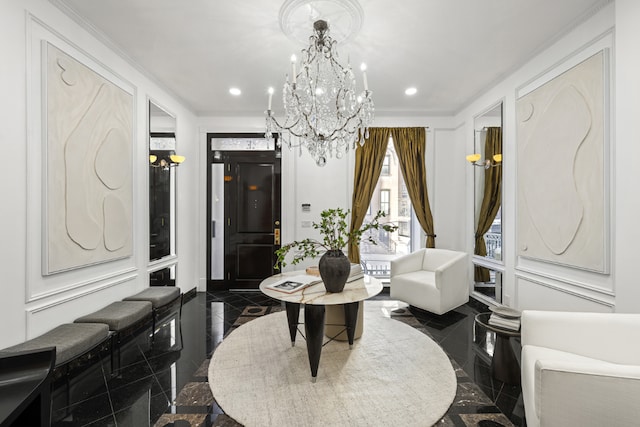 living area with ornamental molding