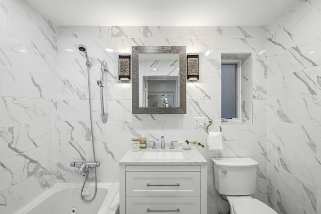 full bathroom featuring toilet, tile walls, tub / shower combination, and vanity