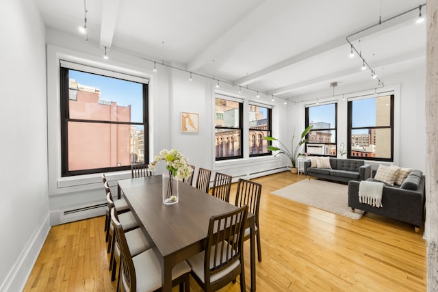 dining room featuring a wealth of natural light, a baseboard radiator, light wood-style flooring, and track lighting