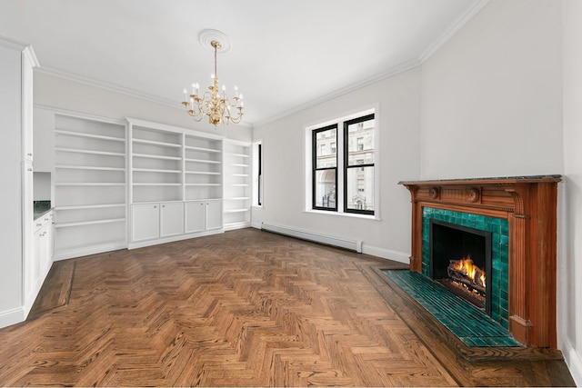 unfurnished living room featuring crown molding, baseboards, a tile fireplace, an inviting chandelier, and a baseboard radiator