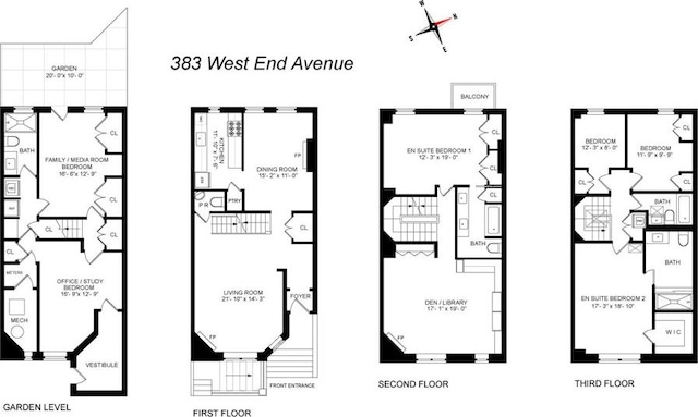 unfurnished bedroom with dark wood-type flooring, a baseboard radiator, ceiling fan, and two closets