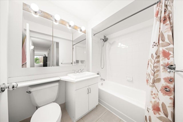 full bathroom featuring vanity, tile patterned floors, toilet, and shower / bathtub combination with curtain