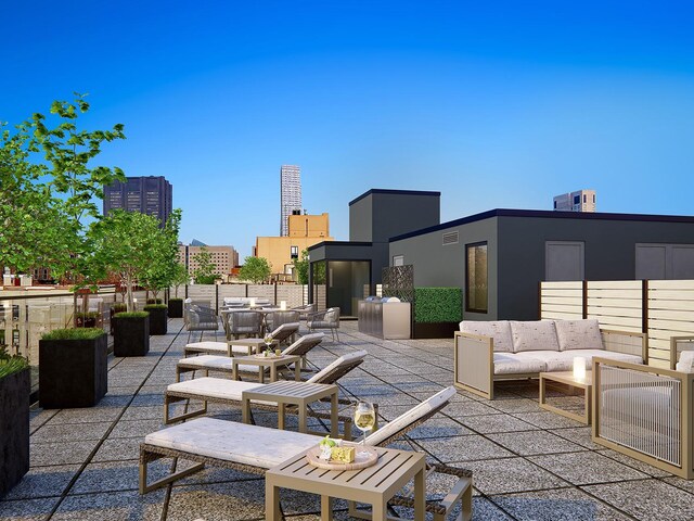 view of patio / terrace with a view of city, outdoor dining space, and an outdoor living space