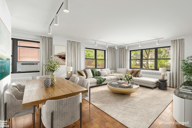 living area featuring track lighting, cooling unit, and radiator heating unit