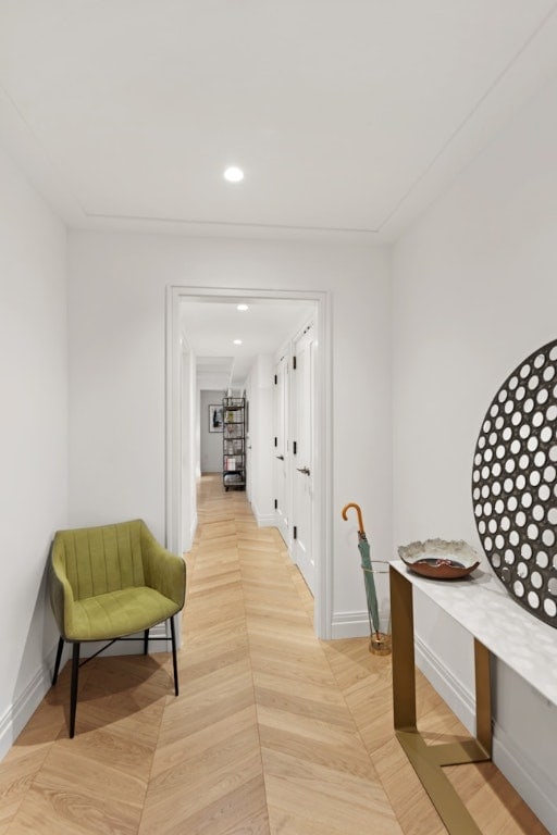 corridor featuring light parquet flooring