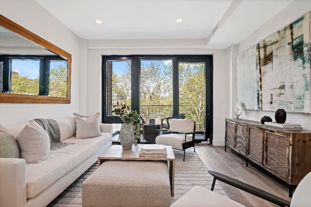 living room with light hardwood / wood-style flooring