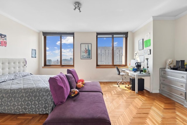 bedroom with ornamental molding and light parquet floors