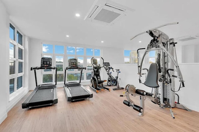 gym featuring a healthy amount of sunlight and light hardwood / wood-style flooring