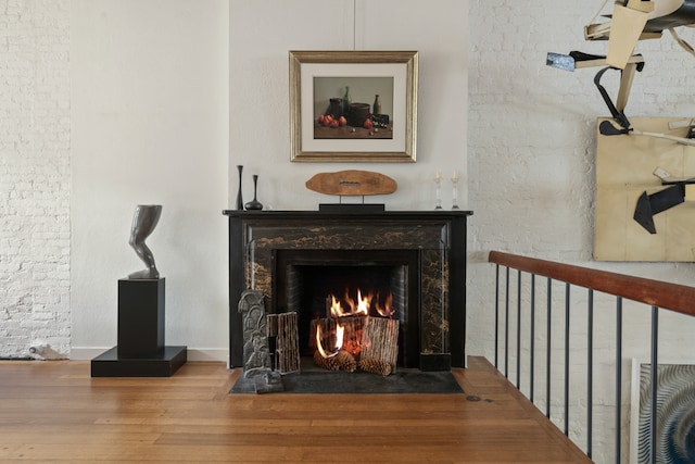 details featuring hardwood / wood-style flooring and a high end fireplace