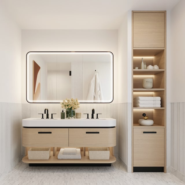 bathroom featuring double vanity and a wainscoted wall
