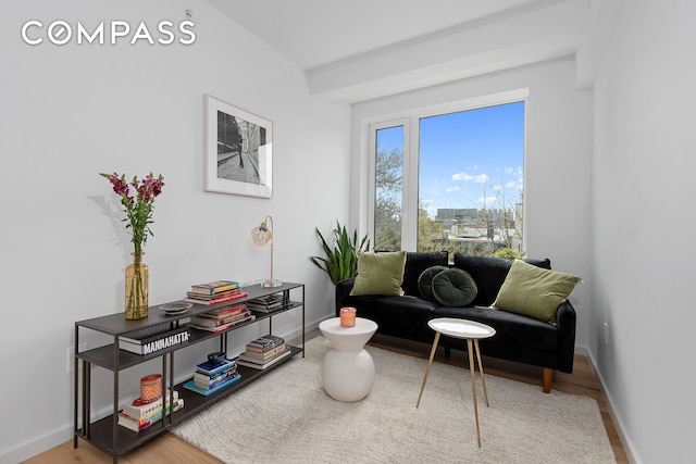 living area featuring baseboards and wood finished floors