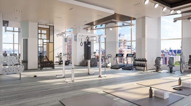 exercise room with floor to ceiling windows and plenty of natural light