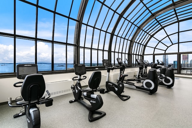 workout area with a water view and a towering ceiling