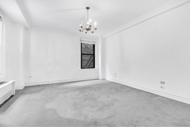 unfurnished room with radiator, concrete flooring, crown molding, and a chandelier