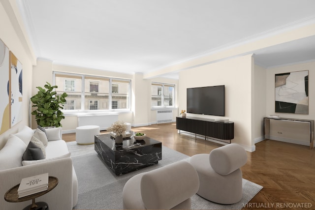 living room with parquet floors, ornamental molding, and radiator