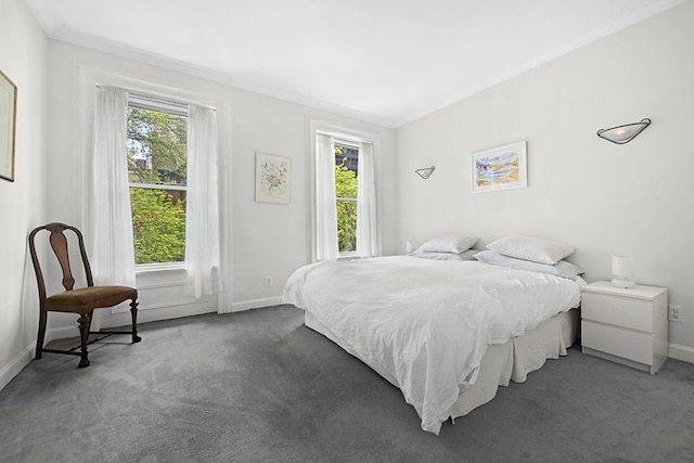 carpeted bedroom with ornamental molding and multiple windows