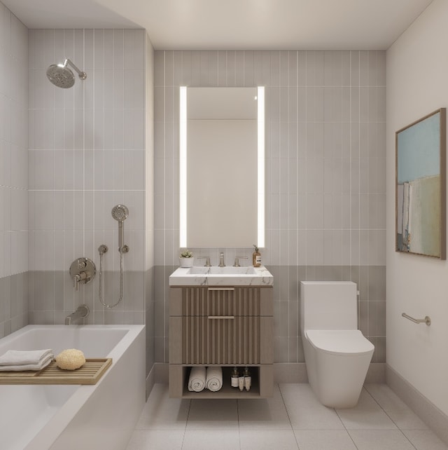 full bathroom featuring tile walls, tile patterned flooring, tiled shower / bath combo, vanity, and toilet