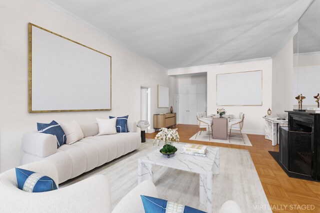 living room featuring crown molding and light parquet floors