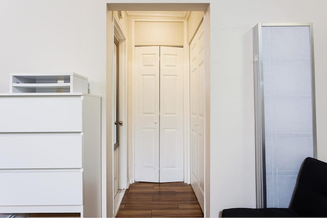 hallway with dark wood-style flooring