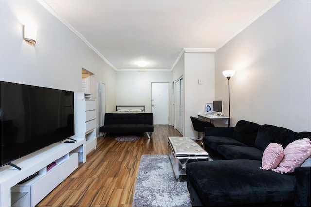 living room featuring wood finished floors and ornamental molding