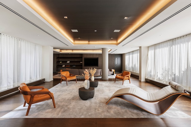 interior space featuring a tray ceiling and wood finished floors