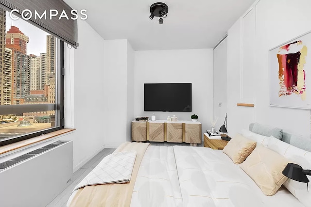 bedroom featuring a city view and wood finished floors