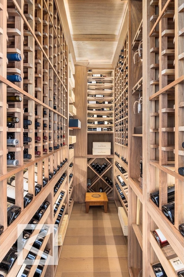 wine cellar with wood ceiling