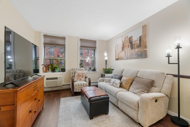 living room with wood-type flooring, an AC wall unit, and a baseboard radiator