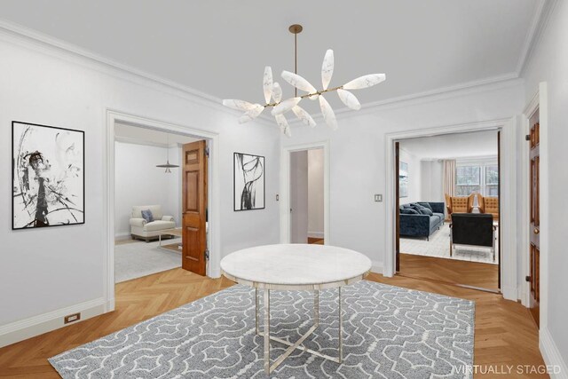 corridor featuring parquet flooring, a chandelier, and ornamental molding