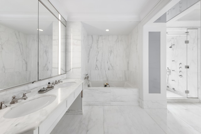 full bathroom featuring a sink, a marble finish shower, and marble finish floor