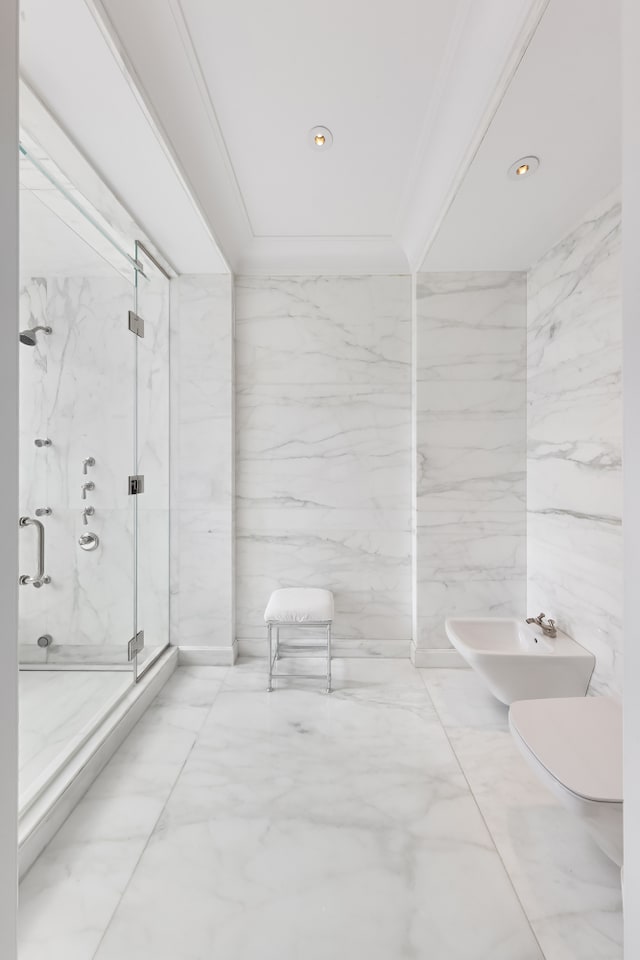 full bath with toilet, recessed lighting, marble finish floor, and a marble finish shower