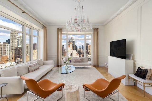 bedroom with a notable chandelier, parquet floors, and crown molding